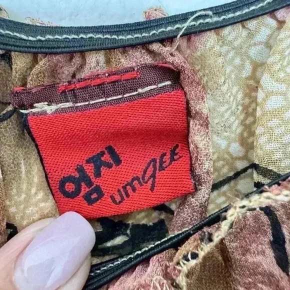 Womens Umgee Tan And Pink Boho Sheer Top Size Medium Floral Ruffles - Picture 5 of 7